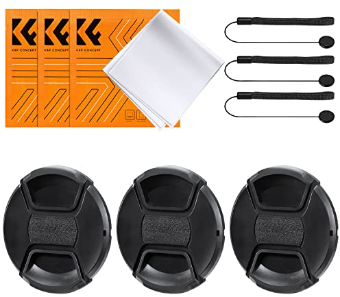 K&F Concept 77mm Lens Cap 3 Pack Snap-on Front Camera Lens Cover + Elastic Lens Cap Keeper + 3 Cleaning Cloth compatible with Canon Sony