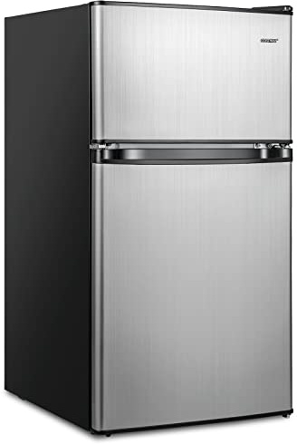 COSTWAY Compact Refrigerator, 3.2 Cu.Ft. Fridge Freezer Compartment with Reversible 2 Door, Adjustable Thermostat, Removable Glass Shelves, Mini Refrigerator for Bedroom Dorm Apartment, Silver
