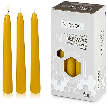 PARNOO 100% Natural Yellow Beeswax 7 Inch Tall Tapered Candles, 6 Hours Burn time - Pack of 12 (Dripless and Smokless)
