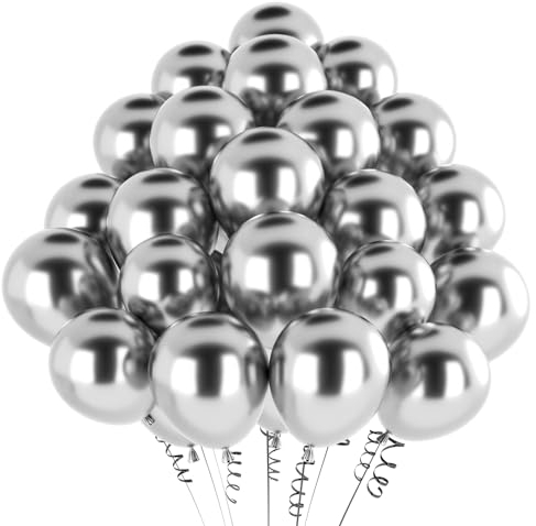 hpnparty Ballon Argenté 50 Pièces - 12 30 cm - Latex Naturel Mat | Gonflable Hélium | Décoration pour Anniversaire, Baptême, Fete