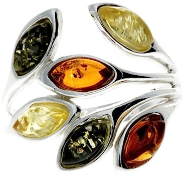 SilverAmber Jewellery - Bague design en argent sterling 925 et ambre baltique avec plusieurs pierres - M723, K, Argent, Ambre