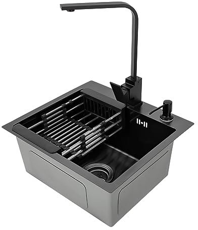 Diskbänks-kit, handfat för kök – matt svart rostfritt stål 45 x 40 cm, inbyggd diskbänk köksarmatur med tvåldispenser och dropprör, rostfritt stål 360° vridbar