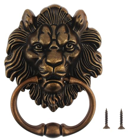 HOJLKLD Heurtoir de Porte Lion en Alliage de Zinc Poignée de Porte, 156 * 117mm Poignée de Tête de Lion Ancienne Heurtoir en Forme de Tête de Lion avec 2 vis (bronze antique)