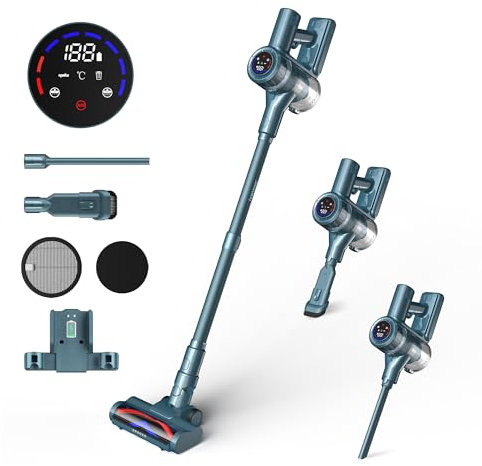 HAIMEEC Aspiradora Sin Cable 6 en 1, Motor de 120,000 RPM, MAX 50Min Filtro HEPA 5 Aspiradora con Pantalla Táctil, Cepillo Antienredos, Modo Antiacaros Aspirador de Mano, Adecuada para Pisos/Pelo