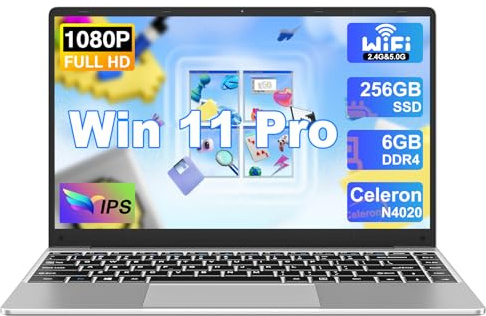 Ordenador Portátil Win 11 con 5G WiFi, Portátil 14 Pulgadas 6GB RAM 256GB SSD Expansión SSD 1TB, Bluetooth 4.2 3.0 Transmisión Puerto 1920*1080 FHD Portatiles Buenos & Mini Puerto Multimedia-Plata