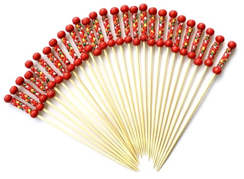 100PCS Cocktail Sticks,Flavoured Toothpicks,12cm Long Handmade Toothpicks Wooden, ﻿Natural Bamboo Cocktail Tooth Picks,Mini Food Picks Decorative for Fruits,Desserts,Party Supplies(red)