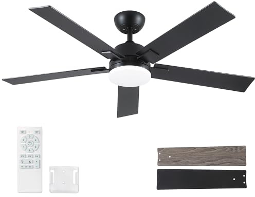 52 Inch Ceiling Fans with Lights and Remote, Black Ceiling Fan with 5 Blades, 6 Speed Reversible DC Motor, 3CCT Dimmable LED, Modern Design for Bedroom, Living room & Covered Outdoor,Includes Downrod