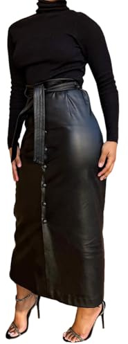 OLAMIOSO Women's Faux Leather Skirts High Waist Bodycon Midi Skirt, Black Leather Skirt for Women, Faux Leather Skirts for Women Plus Size, Black High Waisted Skirt Long (Black, XL)
