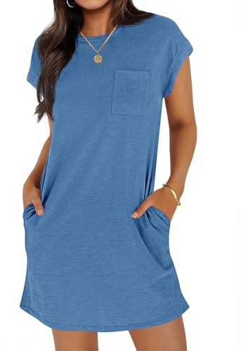 Wenrine Women's Summer T Shirt Dress Casual Short Sleeve Crewneck Loose Fit Mini Dresses with Pockets Navy