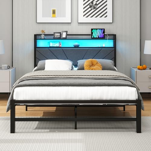 VERFARM Polsterbett 120x200 cm Metallbett Doppelbett, Bettrahmen mit LED und Ladestation, Bettrahmen mit Stauraum, Jugendbett Gästebett Bettgestell mit Kopfteil, perfekt für Schlafzimmer, Dunkelgrau