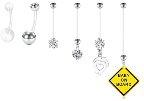 AVYRING 6 Pezzi Barre per Piercing Ombelico Gravidanza 14G in Acciaio Chirurgico e Plastica Flessibile, con Cuore in Cristallo CZ, Lunghezze Regolabili 12mm-38mm, per Donne in Gravidanza