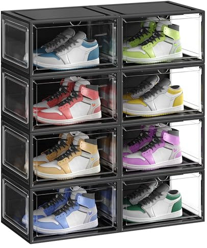 SONGMICS Shoe Boxes Set of 8, Stackable Shoe Organisers with Doors, 33 x 28.5 x 19.2 cm, Fits Shoes up to UK Size 11, Transparent Black LSP508B01