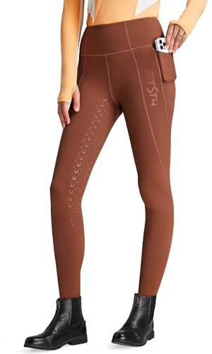 FitsT4 Sports Pantaloni da equitazione invernali da donna, con rinforzo in silicone completo, con fodera in pile, tasca per cellulare e passanti per la cintura, ruggine, M