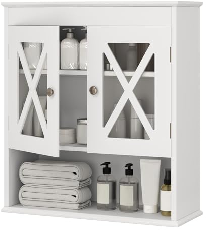 COSTWAY Bathroom Wall Cabinet, Wooden Storage Cupboard with Double Door, Adjustable Shelf and Open Compartment, Wall Mounted Medicine Cabinet Bathroom Unit for Living Room Kitchen Hallway, White