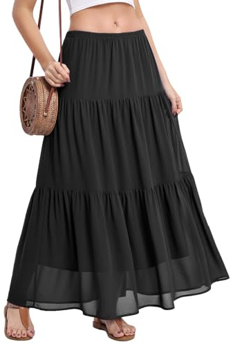 BEIGAI Women's Summer Long Skirt Elasticated High Waist Flowy Maxi Skirt | Lightweight, Ladies A-Line Casual Beach Skirt, Boho, Elegant, Full Length Skirts for Women UK, Holiday