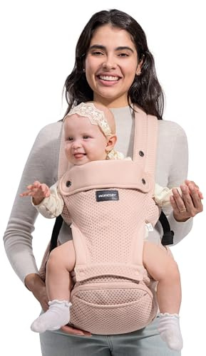 Momcozy bärsele med höftkudde 2-i-1 till 20 kg rosa | 6 bärpositioner, avtagbar höftsits, 3D-nät, justerbar upp till 120 cm, maskintvättbar, lätt bärsele för nyfödda