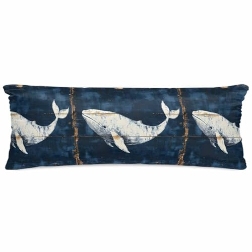 Gusidachig Ocean Whale Blue Satin Pillowcase for Hair and Skin with Zipper, Soft Breathable Cooling Silk Pillow Cases, Coastal Vintage Wooden Grain Body Pillow Covers Bed Pillows 20x54