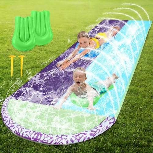 RNPKZ Water Slide, 4.8 x 1.4 M Inflatable Water Slide with Sprinkler & 2 Bodyboards, Heavy Duty Double Waterslide, Waterslide Mat for Party in Summer Yard Lawn Outdoor Water Play Activities