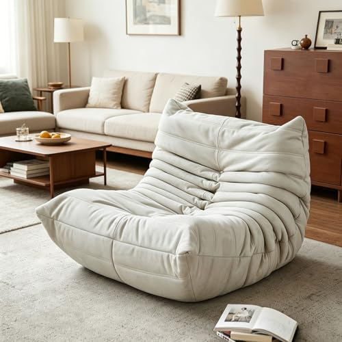Lazy Floor Soffa, Saccosaffa för vardagsrum och sovrum, Anpassningsbar, Ingen montering krävs, Intern högdensitetssvampfyllning, Saccosaffa för vardagsrum, lägenhet-White||90-100-75CM