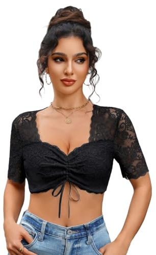 Zeagoo Dirndl-blus, dam, spets, dirndlblus, kortärmad, vit, dirndlblusar, dragsko, V-ringad, Dirndl-blusar, traditionell blus för Oktoberfest, svart, M