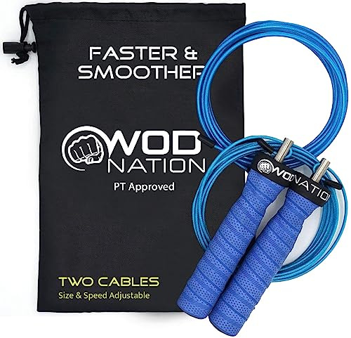 WOD Nation Adjustable Jump Rope - Dual-Speed Cables for HIIT & Fitness - Quick Adjustments for Smooth Jumping Rope Workouts - Travel Bag Included for On-the-Go Gym Accessory - 11 ft, Blue