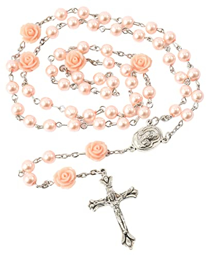 Nazareth Store Rosa Perle Perlen Rosenkranz Halskette Unsere Rose Blumen Perle Jerusalem Heiliger Boden Medaille & Metall Kreuz - Samt Tasche