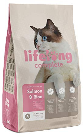 Amazon-Marke: Lifelong - Complete Komplett Trockenfutter für ausgewachsene Katzen, Lachs und Reis, 10kg, 1er-Pack