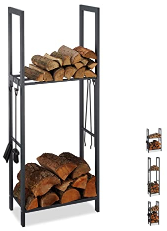 Relaxdays, anthrazit Kaminholzregal mit 2 Ablagen, aus Stahl, 4 Haken für Kaminbesteck, Brennholzregal HBT 150x60x30 cm, 150 x 60 x 30 cm