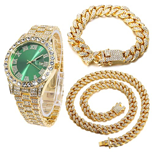 Halukakah Diamant Golduhr, Herren 18K Echt Vergoldet 42MM Breite Grün Wählen Quarz Armband 24cm mit Kubanischer Link Kette 20+45cm Halskette Armband Set, mit Geschenkbox