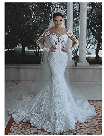 Vestido de Novia Sexy Cuello en V Profundo Encaje Sirena Vestidos de Novia de Playa Vestido de Dama de Honor con Mangas Vestido de Novia Maxi Vestidos de Noche