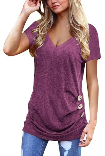 Jescakoo Damen T Shirt Oversize Sommer V-Ausschnitt Sexy Oberteile Tops lässige Basic Kurzarm lang Tunika Casual Bluse mit Knopf Fuchsie L
