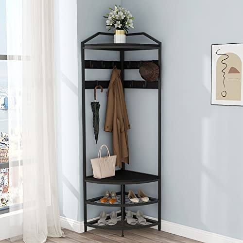 VEDECASA Coat Rack Stand with Shoe Storage Bench Free Standing Corner Hall Tree 4-Tier Corner Clothes Rack with 10 Metal Movable Hooks and Wooden Storage Shelves for Home Hallway Closet Bedroom Black