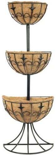 Deluxe Tiered Fountain Coco Liner Raised Metal Freestanding Planter Natural Coconut Outdoor Plant Garden Decor Basket Flowers Plants Floral Displays (Deluxe Three Tier Wall Fountain MT3TWFD)