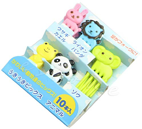 JSGHGDF Obstgabeln, Cartoon-Tiere, Edelstahl, PP, 4,5 cm, mehrfarbig, bemalt, ideal für Lunchbox und Partyzubehör, 10 Stück