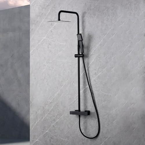 IMEX termostatisk duschpelare utan kran | dusch- och badkarsset med duschhuvud och flexo, duschduschkran, regneffekt, 12 l/min flöde, konstserie | svart färg