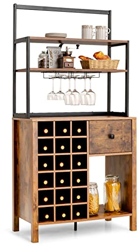 GIANTEX Aparador de Cocina con Estantes Abiertos de 2 Niveles, Estantería de Almacenamiento para 18 Botellas de Vino, Portavasos para Vino, Mueble Auxiliar para Comedor, Cocina