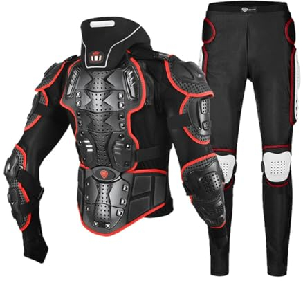M&Catree Tuta da Moto per Adulti da 3 Pezzi con Giacca Protettiva Moto e Pantaloni Protettivi da Moto + Protezione per Il Collo (201 High Foam | Rosso 3pcs/Set, S)