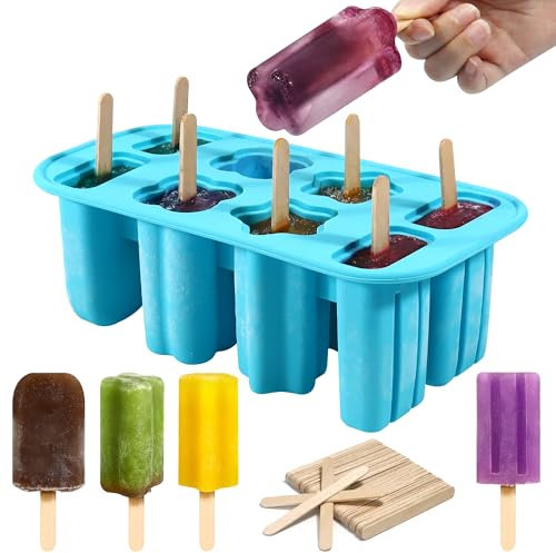 8 Cavity Ice Lolly Moulds with 48pcs Wooden Sticks, Reusable Silicone Popsicle Mould, BPA Free Ice Pop Moulds, Homemade Ice Cream Mould for Kids Adults Summer DIY Home Kitchen Tools (Blue)