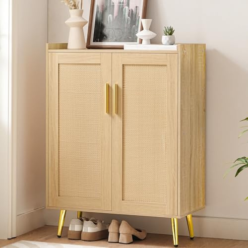 HOOBRO Shoe Cabinet, 5-Tier Shoe Storage Cabinet, Rattan Shoe Cabinet with Doors, 37.8 Tall Shoes Rack Organizer Cabinet for Entryway Hallway Front Door, Adjustable Shelf, Natural NL18SC01