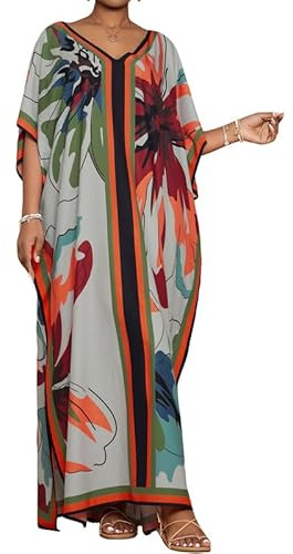 Bsubseach V-ringad plusstorlek kaftan klänning kortärmad baddräkt täcker upp myskläder kaftan klänningar för kvinnor, Grå fjäril, one size