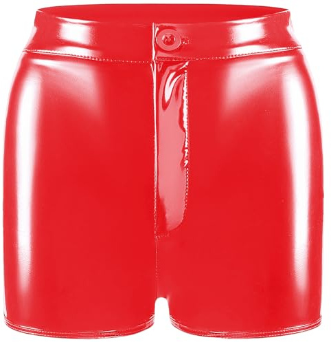 AIEOE Ladies Shiny PU Shorts Faux Leather Pants Womens Push Up Hotpants Casual Party Shorts M Red