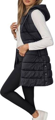 Steppweste Damen Lang Ärmellose Weste mit Kapuze Leicht Steppmantel Warmer Wintermantel Reissverschluss Longweste mit Taschen Damenweste Daunenweste Herbst Leichte Elegante Vest Winterjacken