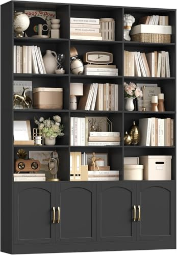 FirFurd 209 cm Libreria Verticale, Libreria da Parete con 15 Scomparti Aperti, Scaffale Portaoggetti in Legno a 4 Ante, Vetrinetta Soggiorno, per Studio, Ufficio, Soggiorno, 150x23.7x209cm (Nero)
