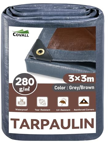 COVALL Tarpaulin 3x3m Waterproof Extra Heavy Duty, 280g/m² Plastic Sheeting | Grey/Brown Tarp-100% Waterproof UV&Tear Resistant,Reinforced Corners&Anti-Rust Grommets For Camping,Patio,Garden,trailer