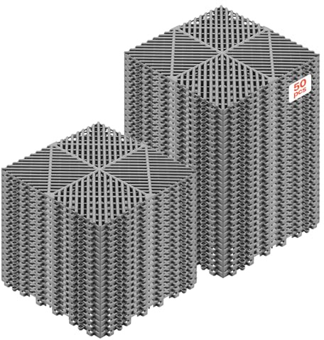 VEVOR Baldosas para Garaje Entrelazadas, 310 x 310 mm, Paquete de 50 Unidades, Azulejos de Drenaje de Polipropileno, Antideslizante, Autoventilado, Suelo Modular para Baño Cocina Piscina, Color Gris