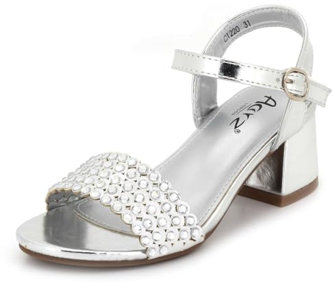 AARZ LONDON Girls Low Heel Sandals with Pearl Diamante Strap Kids Party Ankle Strap Open Toe Bridesmaid Wedding Dress Silver Shoes Size UK 3 EU 36