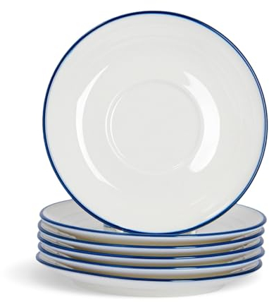 Nicola Spring Farmhouse Saucers 6 Inch (16cm) - Set of 6 White & Blue Porcelain Rustic Country Cottage Tea & Coffee Cup Plates with Rolled Rims & Embossed Rings