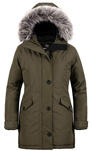 Wantdo Damer vinter varm buffertkappa vattenavvisande utomhusjacka vindtät ytterkläder kappa med fuskpäls huva, Grön, XL