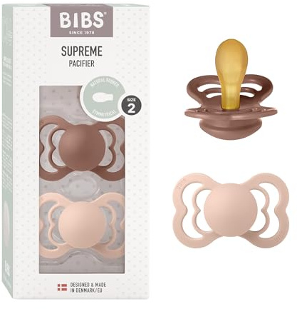BIBS Supreme Schnuller 2er-Pack, BPA-frei, Symmetrischer Nippel. Naturkautschuk/Latex, Hergestellt in Dänemark. 6-18 Monate (2er Pack), Woodchuck/Blush