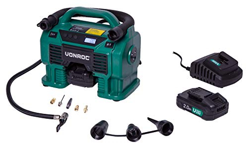 VONROC Compresor VPower 20V - Batería de 20V y toma para encendedor de cigarrillos de 12V - Función de inflado y desinflado - Presión máxima 11 bar - Incl. 8 accesorios, 2 baterías 2.0Ah y cargador